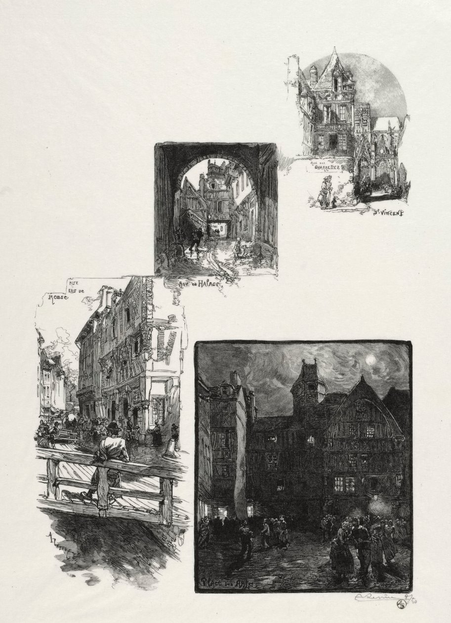 Ilustrowany Rouen: Rue des Charretes; Ulica Halage; Rue Eau de Robec; Plac Sztuki autorstwa Auguste Louis Lepère