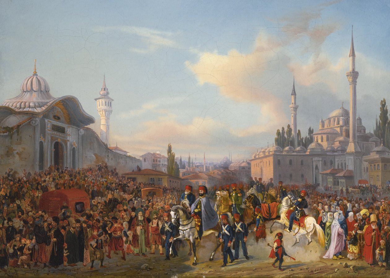 Sułtan Mahmud II opuszcza Meczet Bayezid, Konstantynopol, 1837 autorstwa Auguste Etienne Francois Mayer