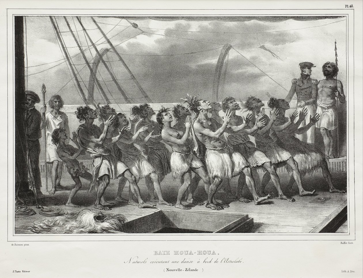 Zatoka Houa-Houa, tubylcy wykonujący taniec na pokładzie statku „Astrolabe” (Nowa Zelandia), [Uawa/Tolaga Bay, Natives Performing a Haka on Board the Astrolabe (New Zealand)] autorstwa Auguste Raffet