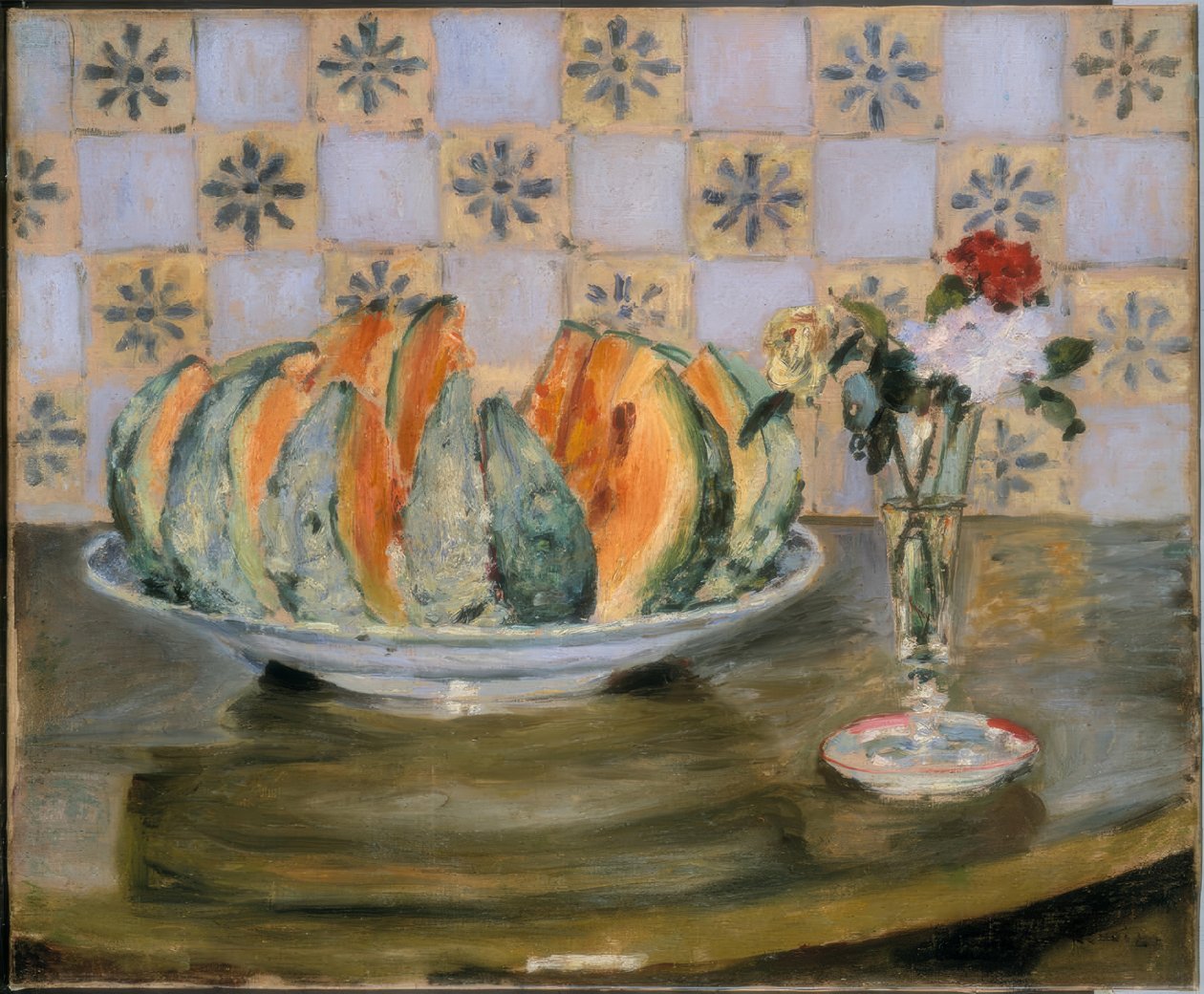 Martwa natura z melonem i wazonem z kwiatami autorstwa Auguste Renoir