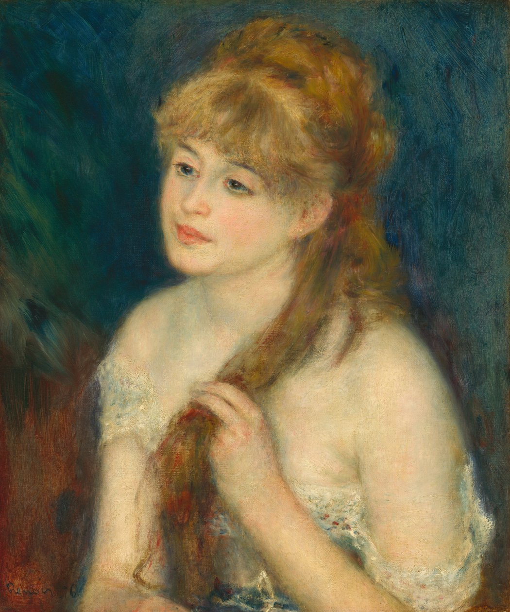 Młoda kobieta splatająca włosy autorstwa Auguste Renoir