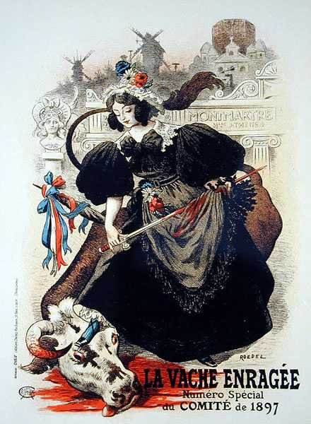 Reprodukcja plakatu reklamującego „Wściekłą krowę”, numer specjalny Komitetu z 1897 r autorstwa Auguste Roedel
