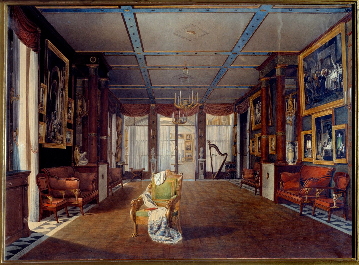 Sala muzyczna w Chateau de la Malmaison w 1812 r. Obraz Auguste Garneray (1785-1824) 1812 nd. 0,66x0,91 m Malmaison, muzeum zamkowe autorstwa Auguste Simon Garneray