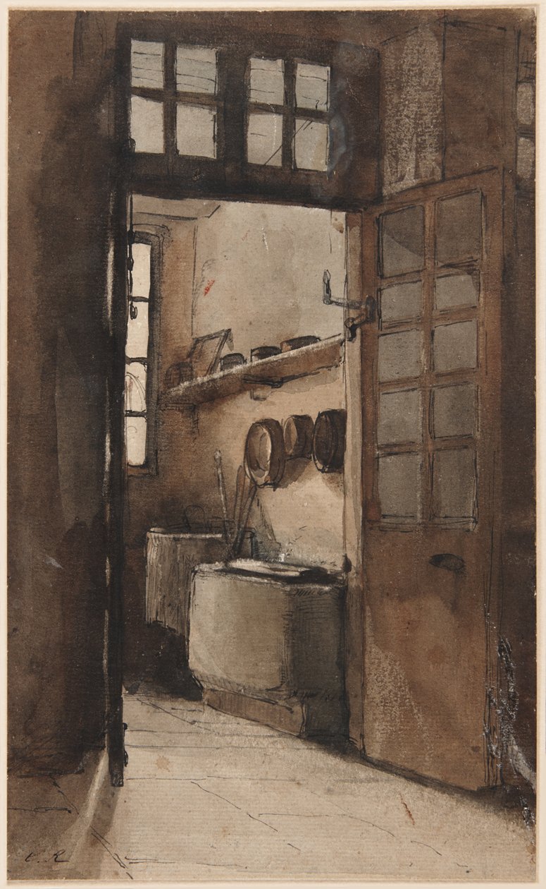 Wnętrze kuchni, ok. 1862 (pióro, tusz i akwarela) autorstwa Auguste Theodule Ribot