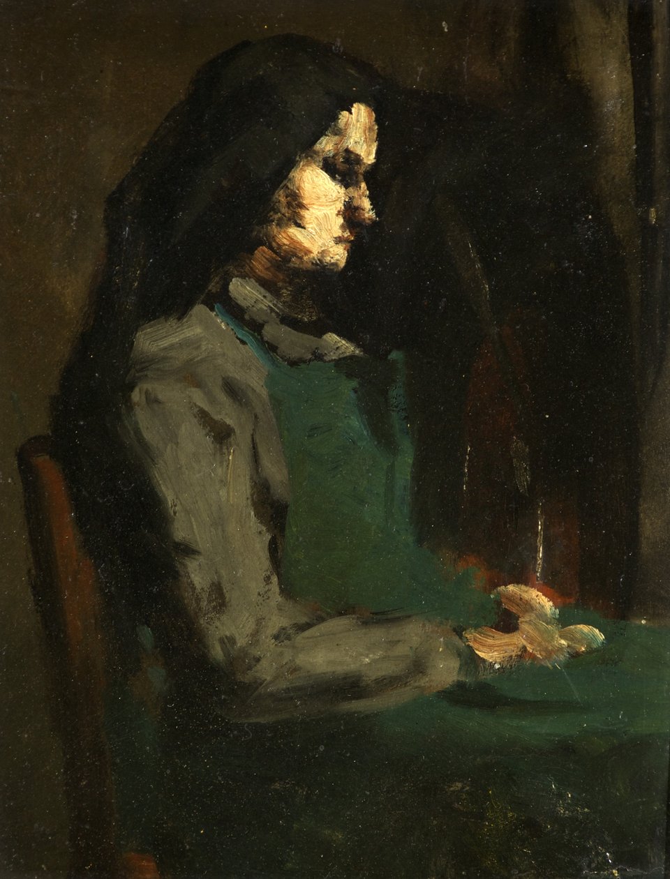 Kobieta w zielonym fartuchu (olej na tekturze) autorstwa Auguste Theodule Ribot