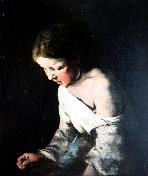 Młoda dziewczyna szycia, ok. 1865 (olej na płótnie) autorstwa Auguste Theodule Ribot