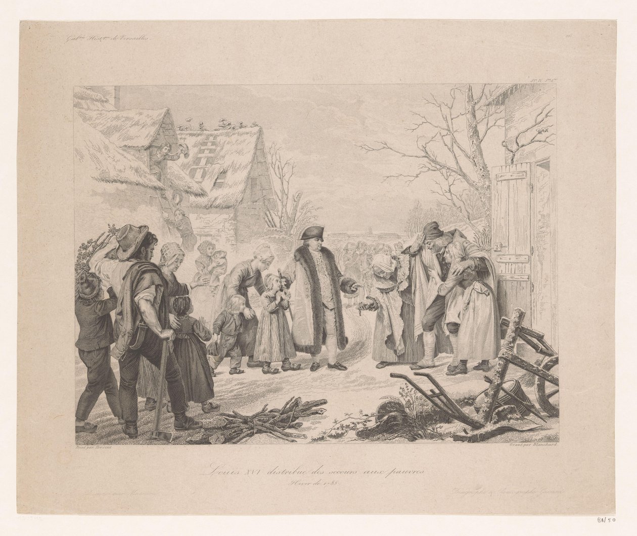 Ludwik XVI odwiedza biedną dzielnicę Ludwik XVI dystrybucja des secours aux pauvres (tytuł na obiekcie) autorstwa Auguste Thomas Marie Blanchard