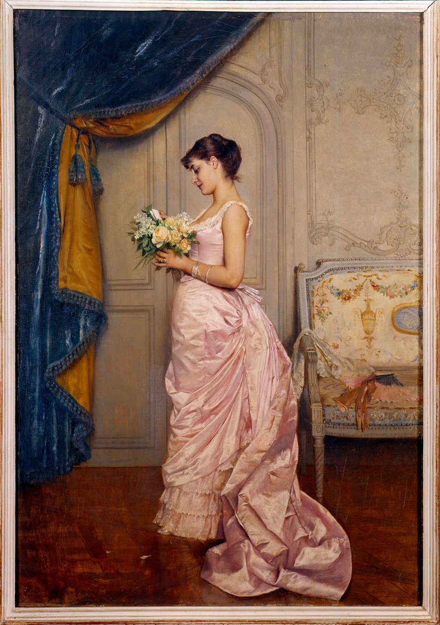 Słodki Bilet Młoda kobieta czyta list miłosny od wielbiciela z bukietem kwiatów. Obraz Auguste Toulmouche (1829-1890) 1883 Nd. 0,66x0,45 m Nantes, musee des Beaux Arts autorstwa Auguste Toulmouche