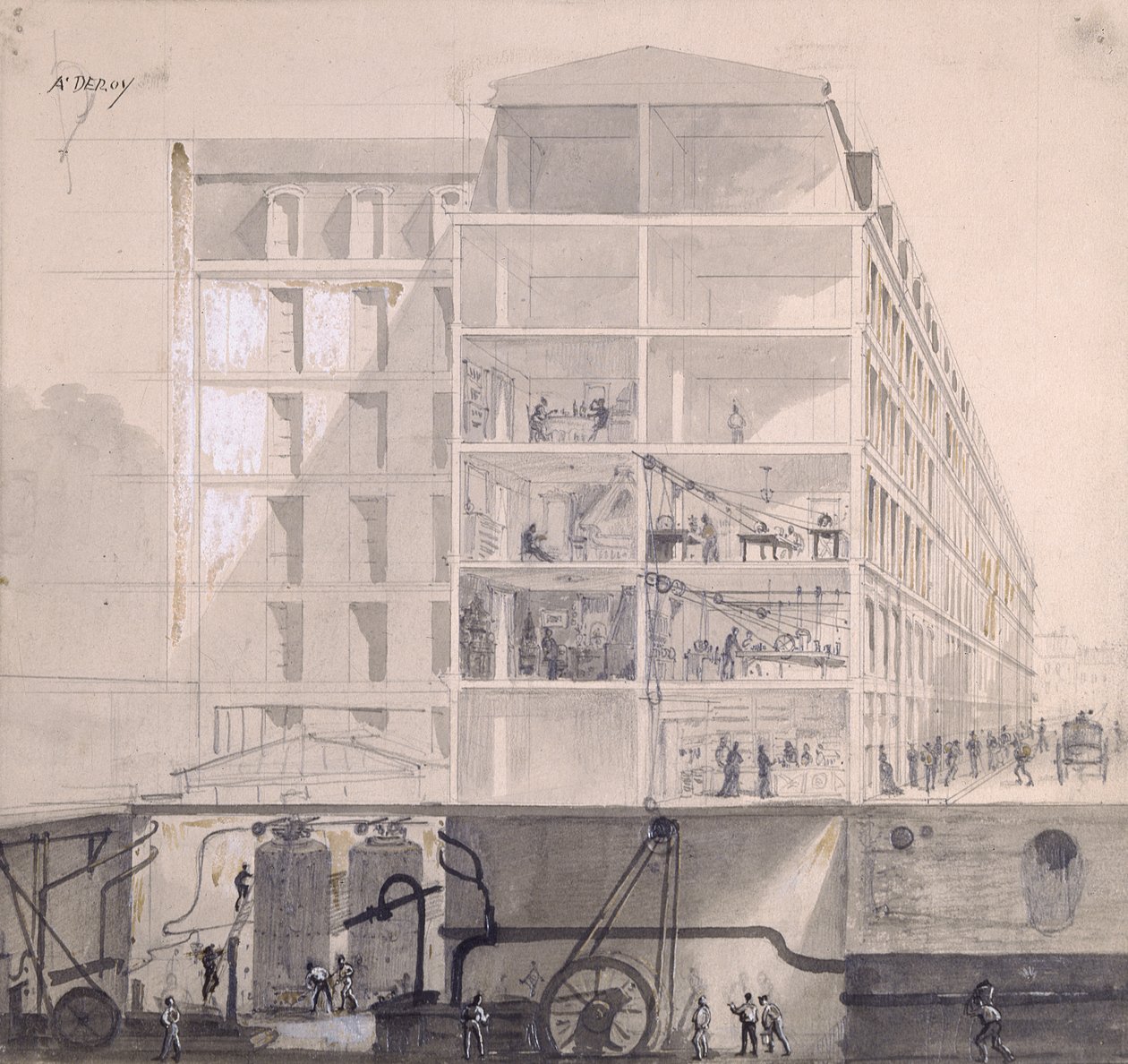 Przekrój mieszkań robotniczych w XI dzielnicy Paryża, ok. 1875 (pióro i atrament i gwasz na papierze) autorstwa Auguste Victor Deroy