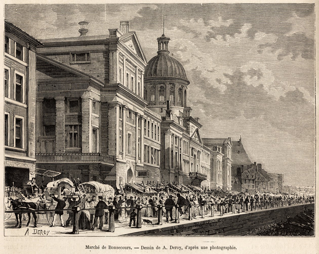 Le marche de Bonsecours, turystyczne i kulturalne centrum Montrealu, rytowane według rysunku A.Deroy, ilustrującego wycieczkę do Kanady i Riviere Rouge du nord, autorstwa H. De Lamotte, w 1873 r., opublikowane w „” Le tour du monde””” 1875, pod redakcją Ed autorstwa Auguste Victor Deroy