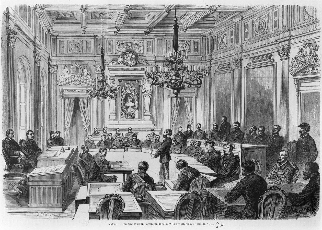 Członkowie Komuny na posiedzeniu w Hotel de Ville, Salle des Maires, Paryż, 1871 autorstwa Auguste Victor Deroy