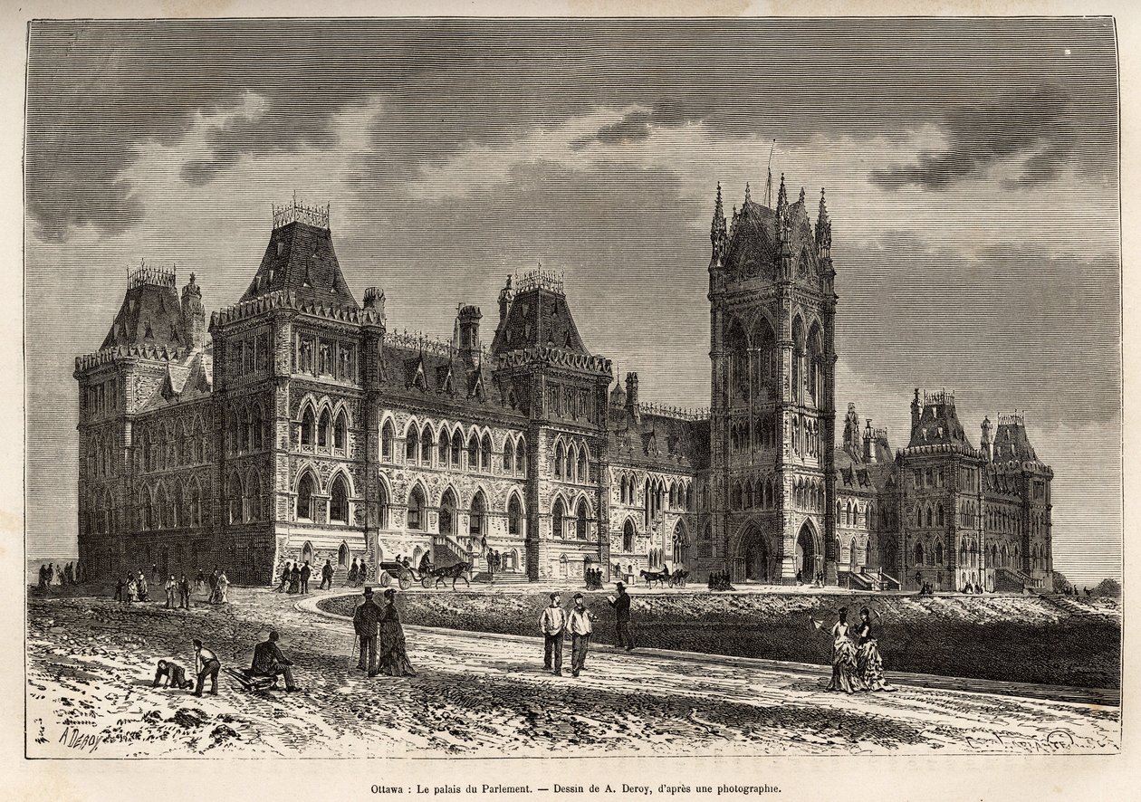 Pałac Parlamentu w Ottawie, wybudowany w latach 1859-1876, rytowany według rysunku A.Deroy, ilustrującego wyprawę do Kanady i Czerwoną Rzeką Północy, autorstwa H. De Lamotte w 1873 r., opublikowany w „”Le tour du monde””” 1875, pod redakcją Edouarda autorstwa Auguste Victor Deroy