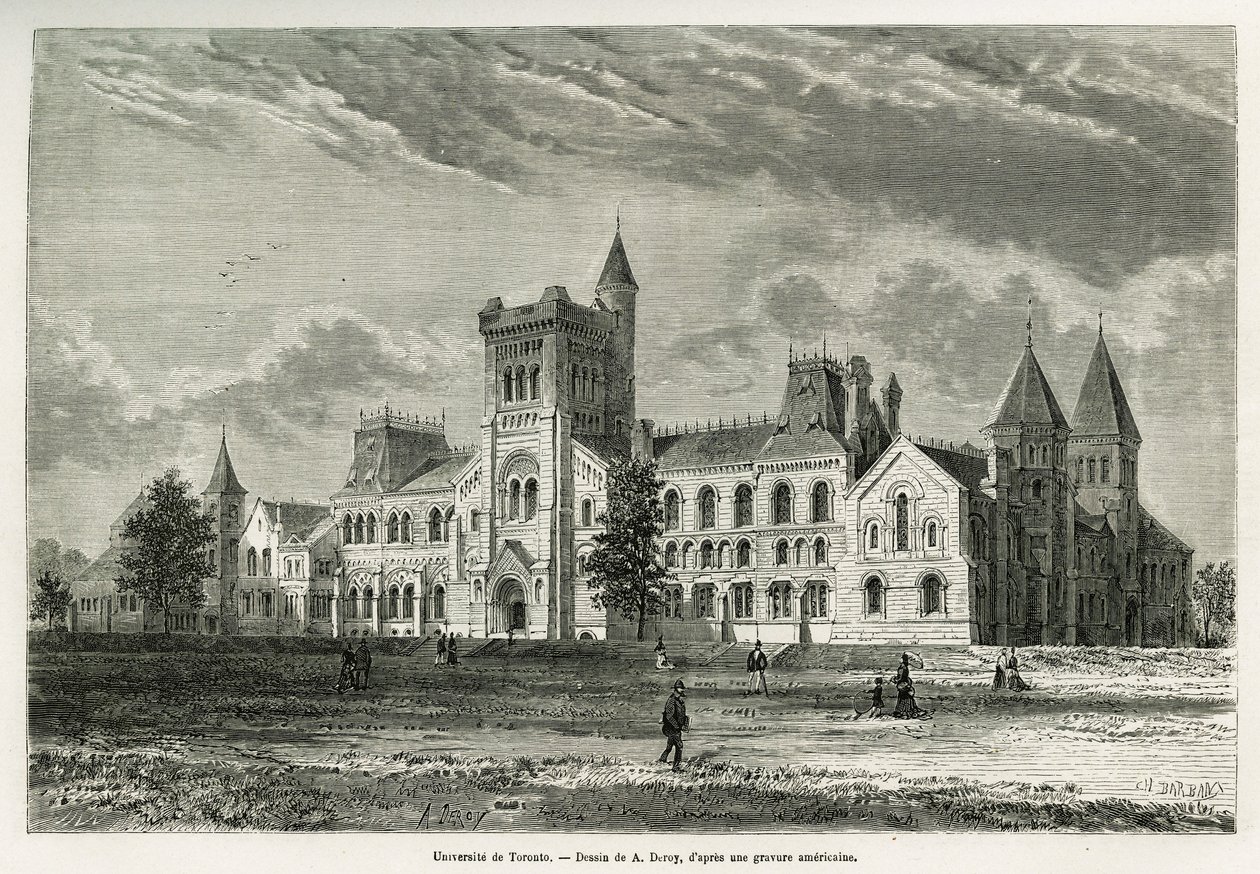University of Toronto, rysunek A.Deroy, ilustrujący historię wyprawy H. de Lamotte do Kanady i Północnej Czerwonej Rzeki w 1873 roku. Grawerowanie w Le tour du monde autorstwa Auguste Victor Deroy