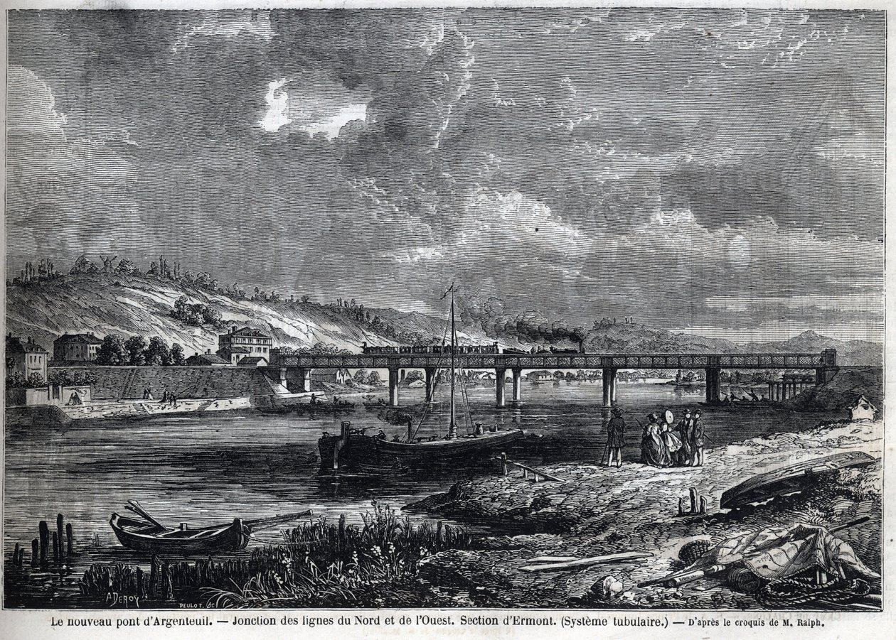Nowy most ma Argenteuil. Skrzyżowanie linii północnej i zachodniej. Sekcja Ermont (system rurowy). Grawerowanie według szkicu Ralpha w „Le Monde illustrious”, 29.08.1863. Prywatna kolekcja. autorstwa Auguste Victor Deroy