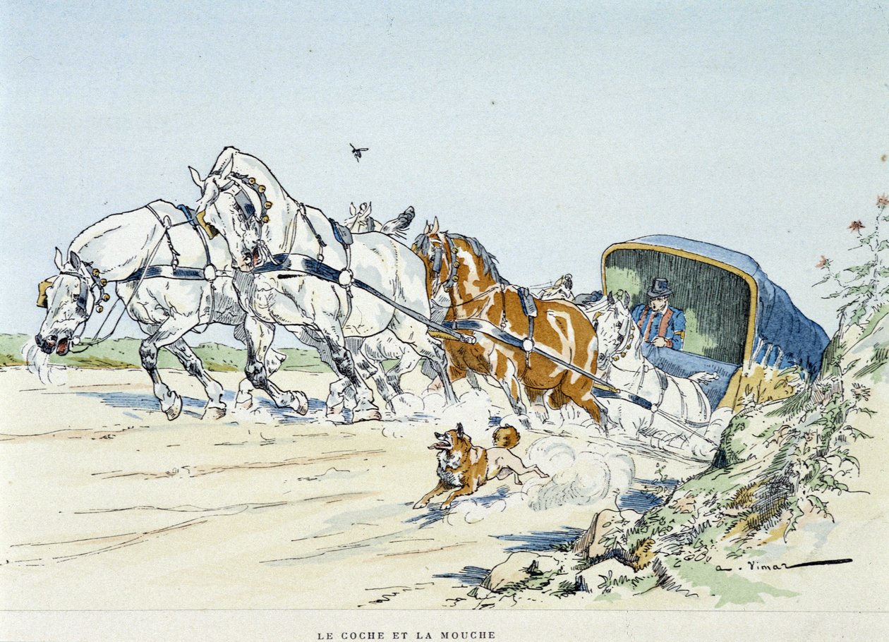 Trener i mucha – w „”Bajkach La Fontaine’a, il. Auguste Vimar (1851-1916), Tours, w A, Mame & Son autorstwa Auguste Vimar