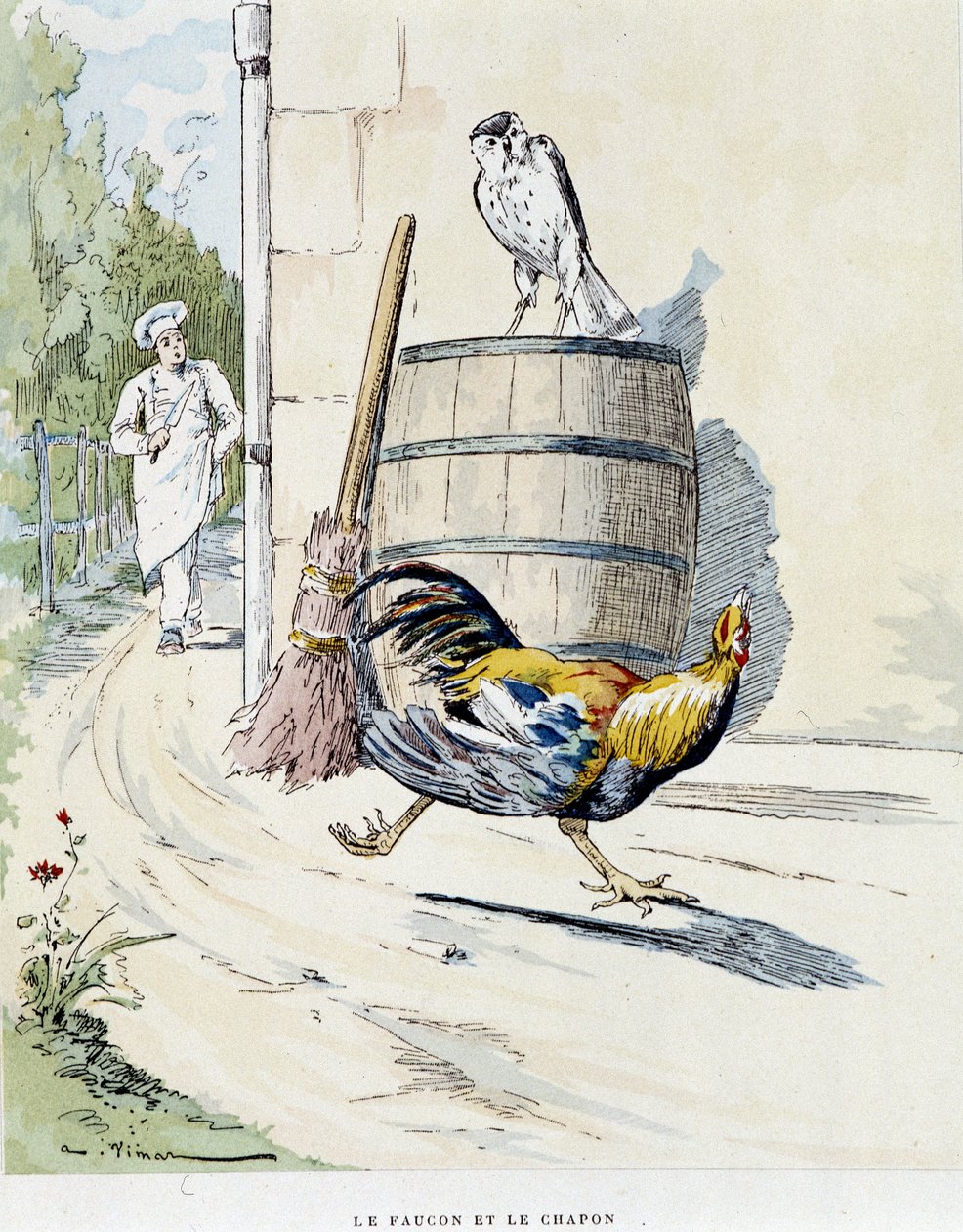 Sokół i kapłon w „”Bajkach La Fontaine, il. Auguste Vimar (1851-1916), Tours, w A, Mame & Son autorstwa Auguste Vimar