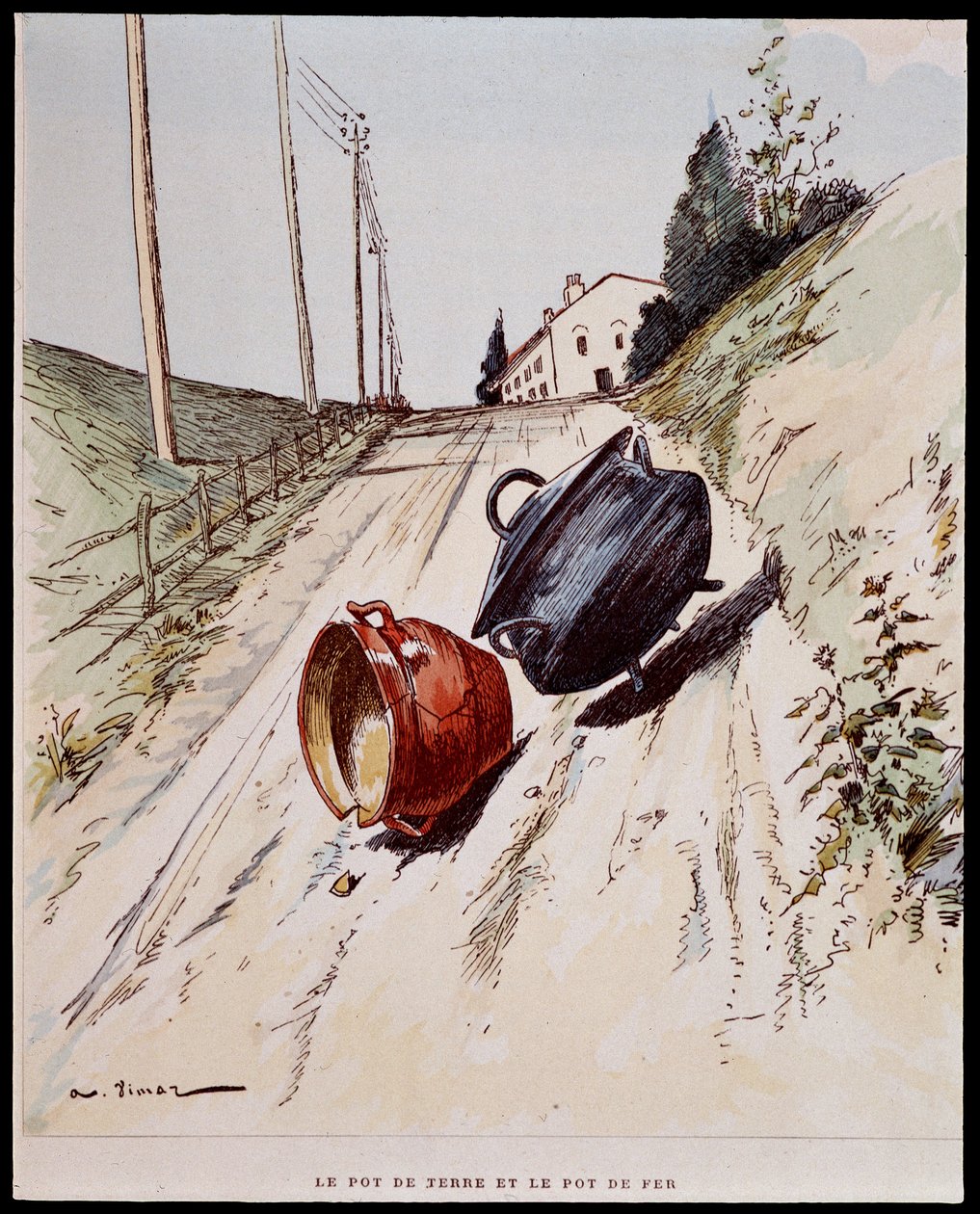 Garnek gliniany i żelazny - w „Les Fables de La Fontaine”, il. Auguste Vimar (1851-1916), Tours, w A, Mame & Son autorstwa Auguste Vimar