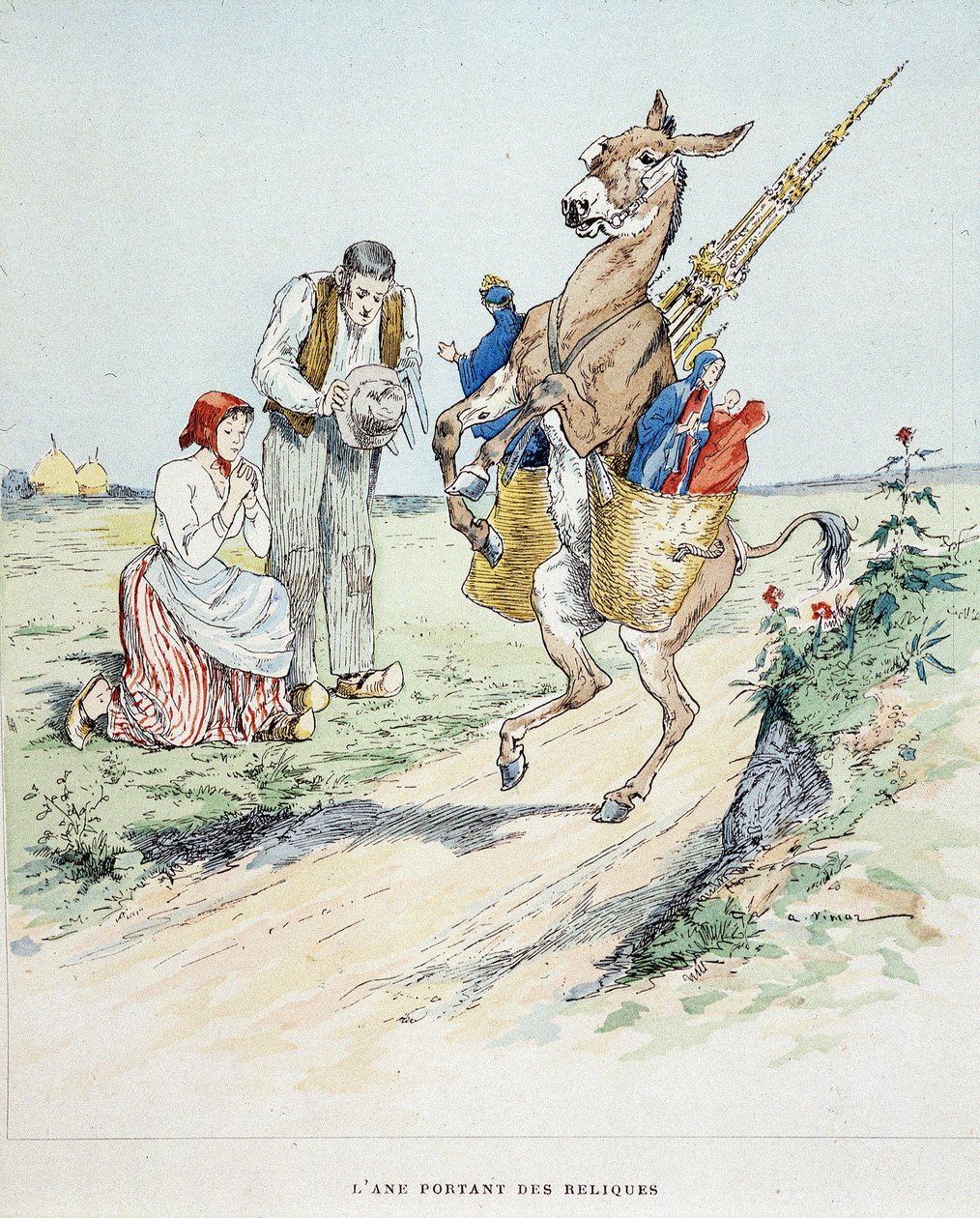 Osioł niosący relikwie w „”Fables de La Fontaine, il. autor: Auguste Vimar (1851-1916), Tours, w A, Mame & Fils autorstwa Auguste Vimar