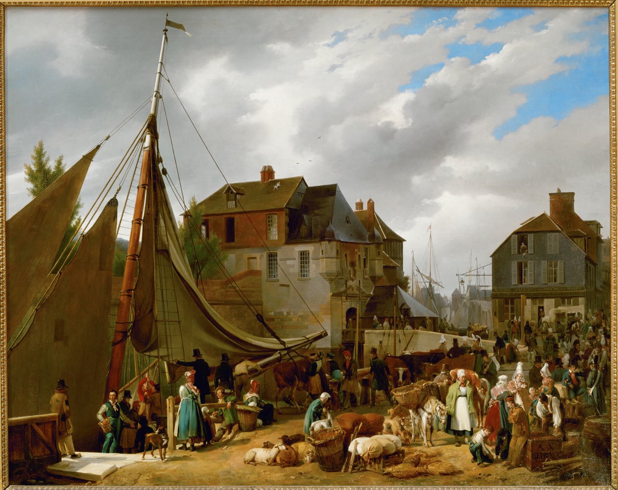 Zaokrętowanie zwierząt gospodarskich na statku "Le Passager" w porcie Honfleur, Francja ... autorstwa Auguste Xavier Leprince