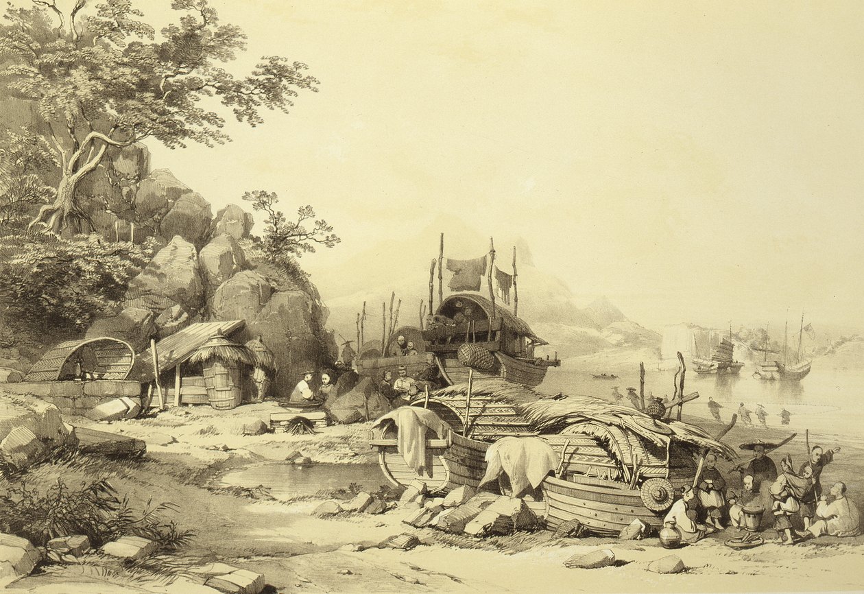 Łodzie mieszkalne na Zatoce Cowloon, tablica 6 ze Szkiców chińskich, rytowana przez Eugene Ciceri (1813-90) 1842 (podbarwiony lit) autorstwa Auguste after Borget