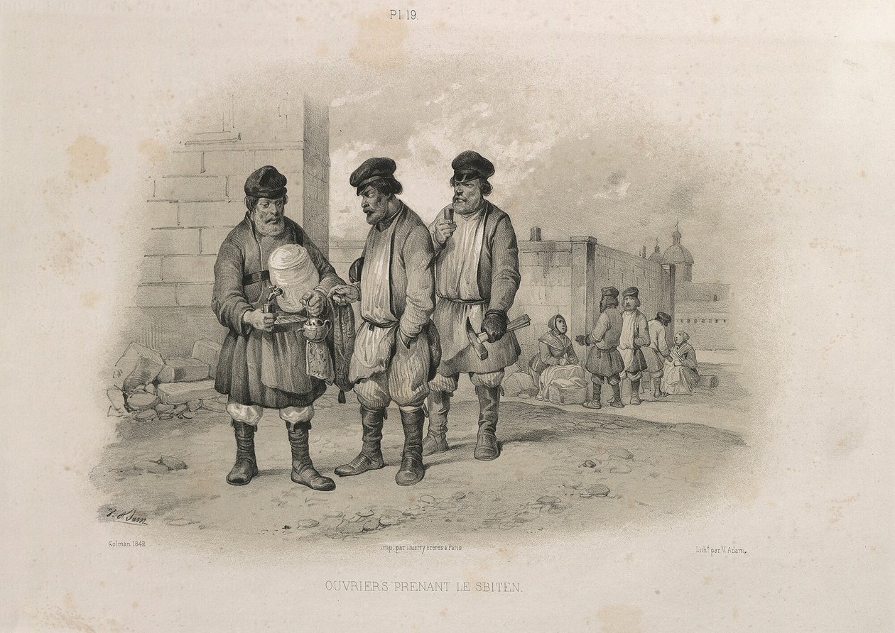 Budowniczowie pijący Sbiten Z: Budowa katedry św. Izaaka, 1845 autorstwa Auguste de Montferrand