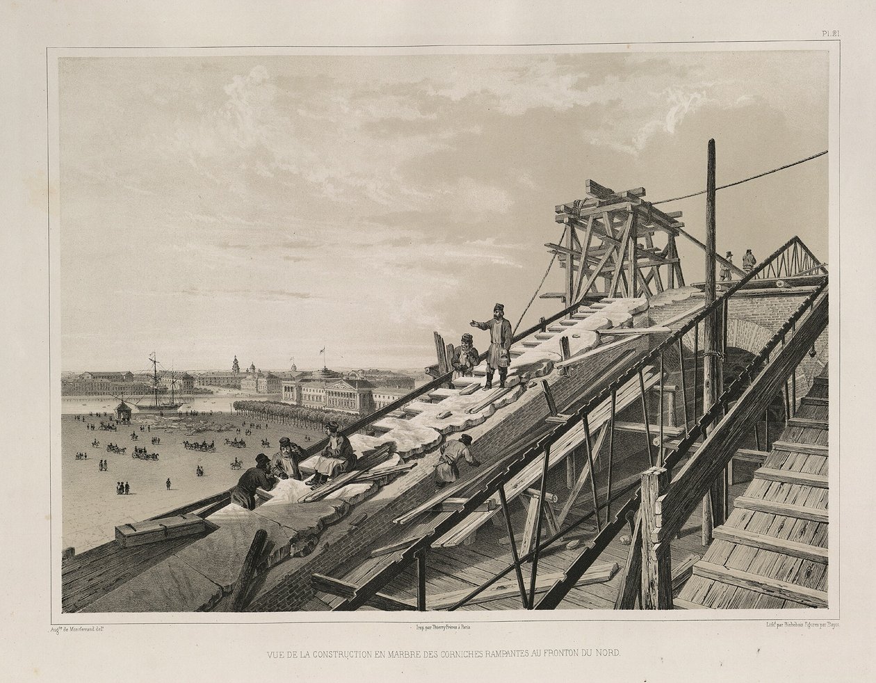 Konstrukcja gzymsu z: Budowa katedry św. Izaaka, 1845 r autorstwa Auguste de Montferrand