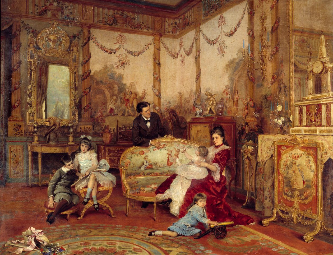 Wiktoriański Sardou (1831 - 1908), dramaturg i jego dzieci. Widok z wnętrza salonu z ogniem przed kominkiem. Obraz Auguste La Brely (1838-1906) autorstwa Auguste de la Brely