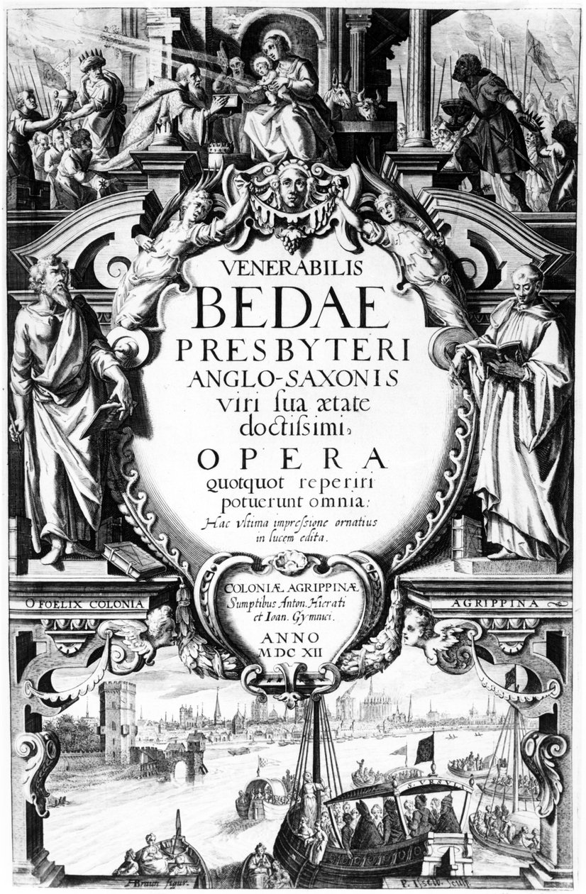 Strona tytułowa do Venerabilis Bedae Presbyteri Anglo-Saxonis, druk wykonany przez Petera Isselburga, wydany w Kolonii, 1612 (rycina i typografia) autorstwa Augustin Braun