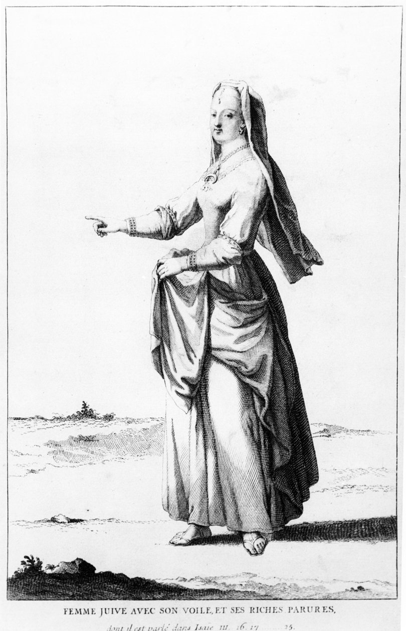 Francuska Żydówka z welonem i bogatymi zdobieniami, ilustracja z Dictionnaire Historique de la Bible, 1722 autorstwa Augustin Calmet