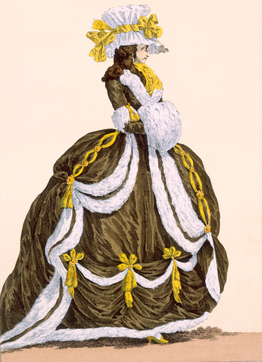 Karmelowa suknia do prezentacji na dworze, wyryta przez Dupina, tabliczka nr 276 z "Galeries des Modes et Costumes Francais", ok. 1778-87. autorstwa Augustin de Saint Aubin