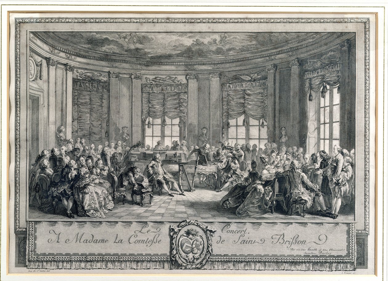 Koncert w domu hrabiny Saint Brisson, grawerowany przez L. Provost autorstwa Augustin de Saint Aubin