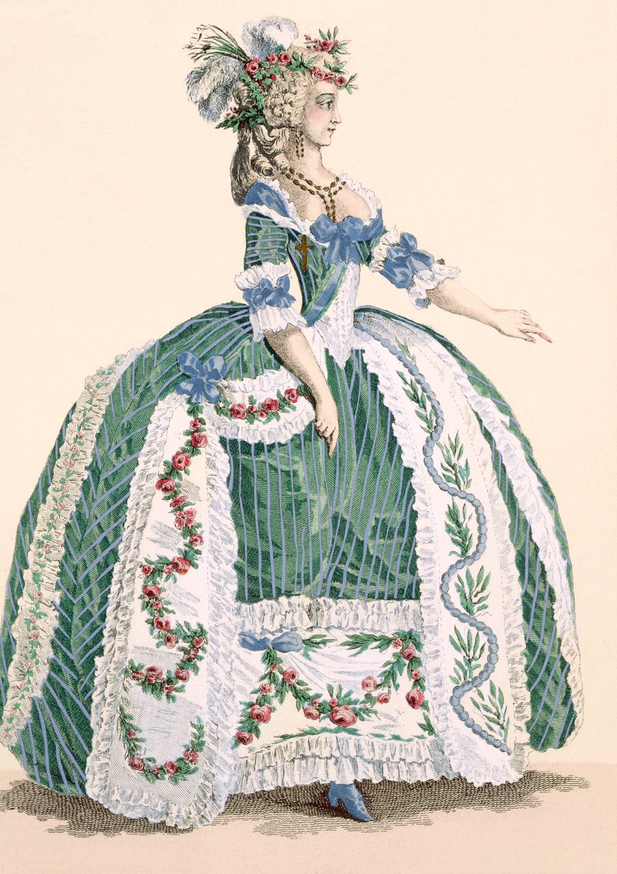 Wyszukana suknia dworska, grawerowana przez Dupina, nr kat. 272 z „Galeries des Modes et Costumes Francais”, ok. 1778-87 99: odzież; strój tradycyjny; strój tradycyjny; moda autorstwa Augustin de Saint Aubin