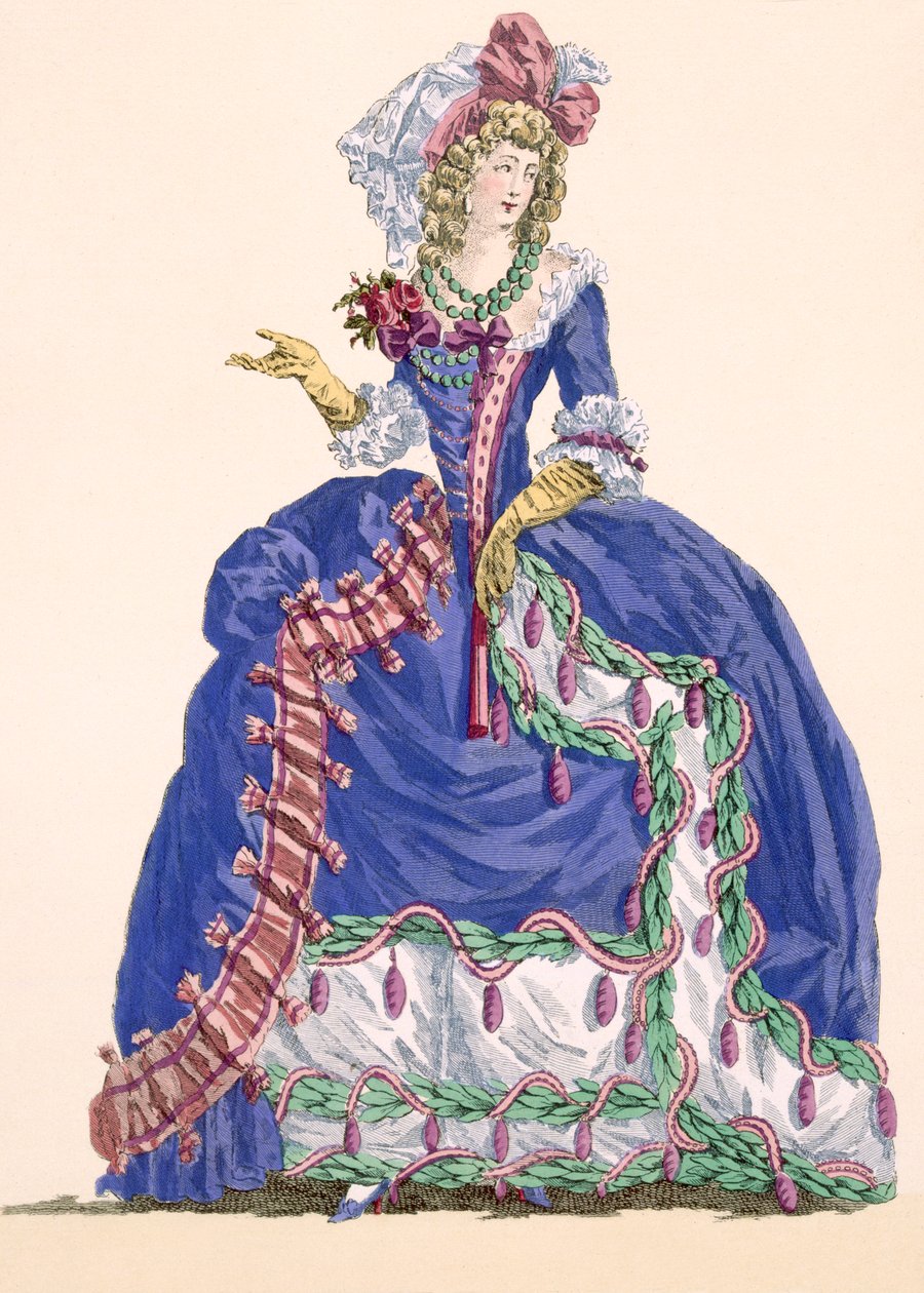 Elegancka suknia dworska w kolorze elektryzującego błękitu z frędzlami, grawerowana przez Dupina, płyta nr 275 z „Galeries des Modes et Costumes Francais”, ok. 1778-87 99: odzież; tradycyjny strój autorstwa Augustin de Saint Aubin