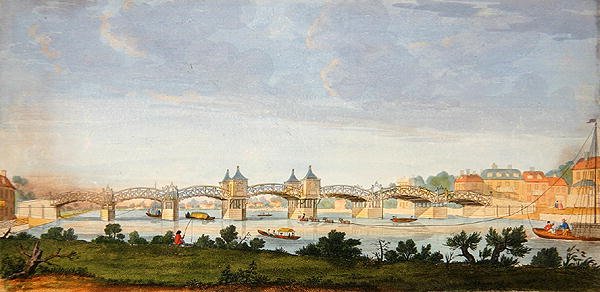 Widok perspektywiczny mostu Hampton Court przeprawiającego się przez Tamizę, grawerowany przez Charlesa Grigniona (1717-1810) c.1754 (kolorowy grawerunek) autorstwa Augustin (after) Heckel