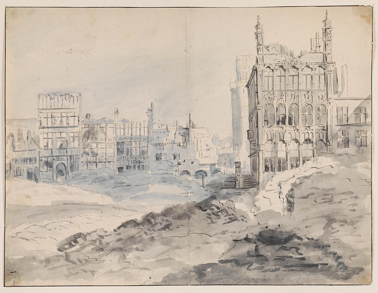 Północno-zachodni róg la Grand-Place w Brukseli po bombardowaniu w 1695 r. autorstwa Augustin Coppens