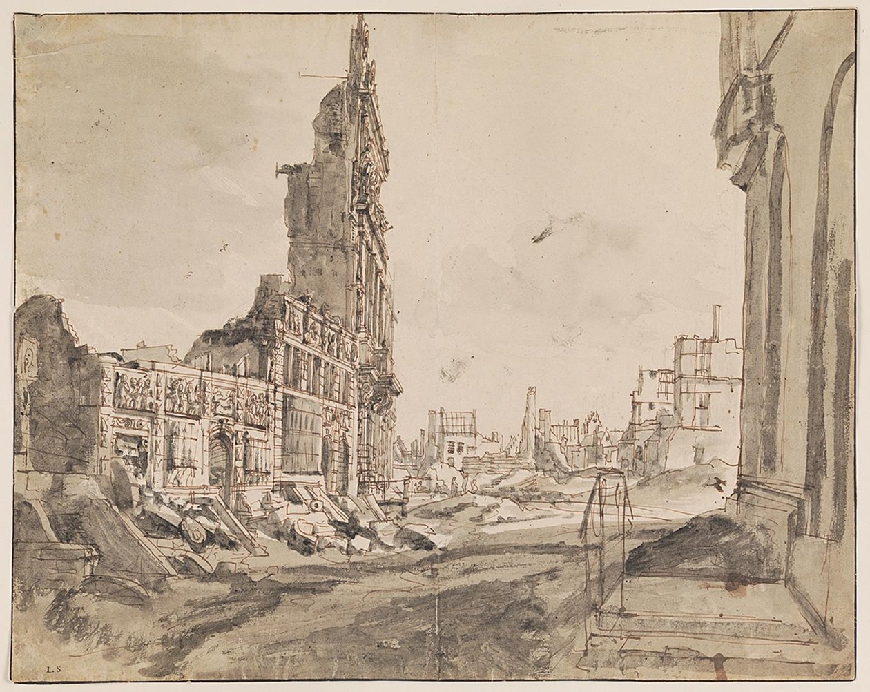 Widok na północno-wschodnie i północno-zachodnie narożniki Grand Place po bombardowaniu w 1695 r. autorstwa Augustin Coppens