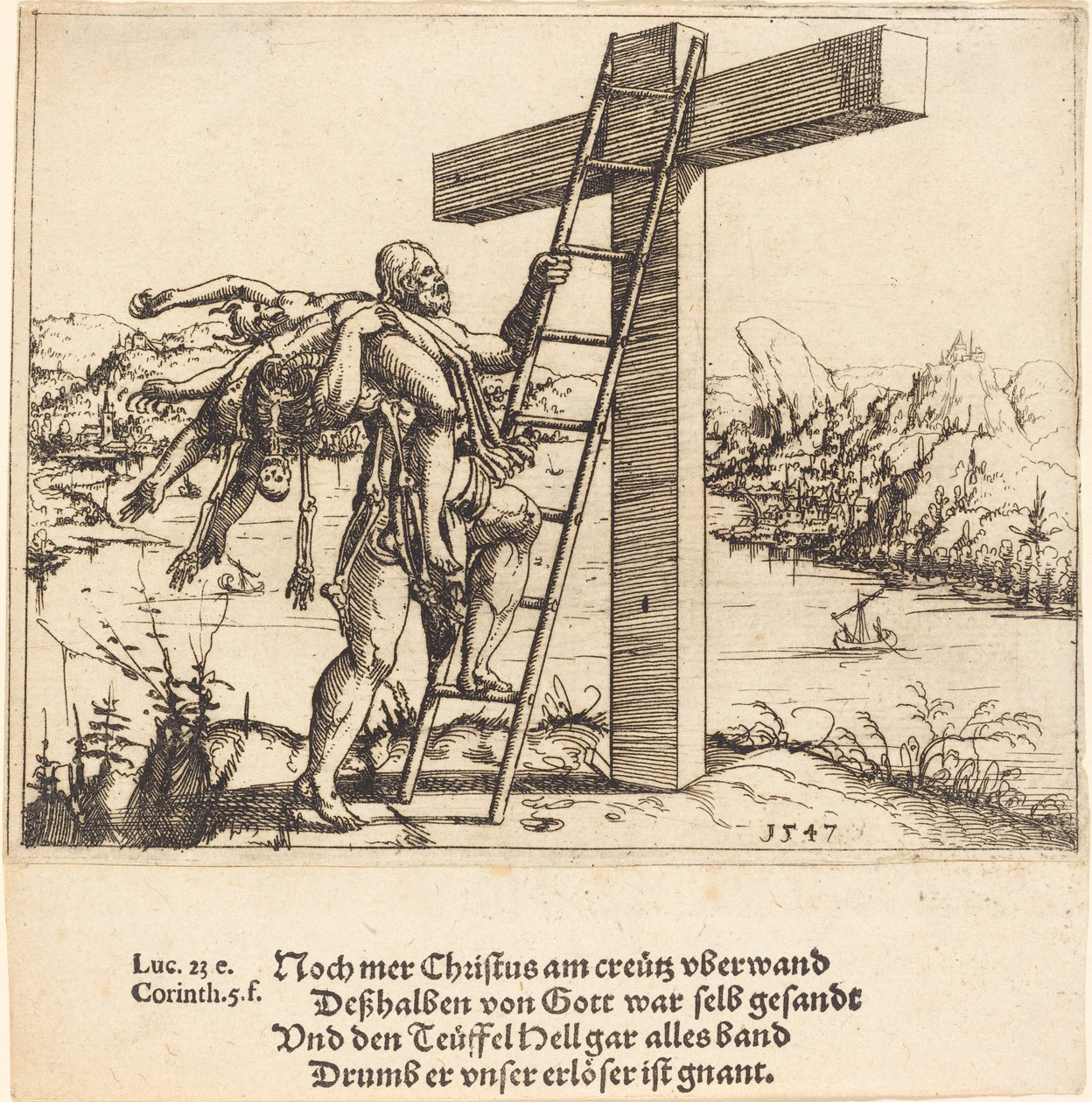 Chrystus wstępujący na krzyż z grzechem, śmiercią i diabłem, 1547. autorstwa Augustin Hirschvogel