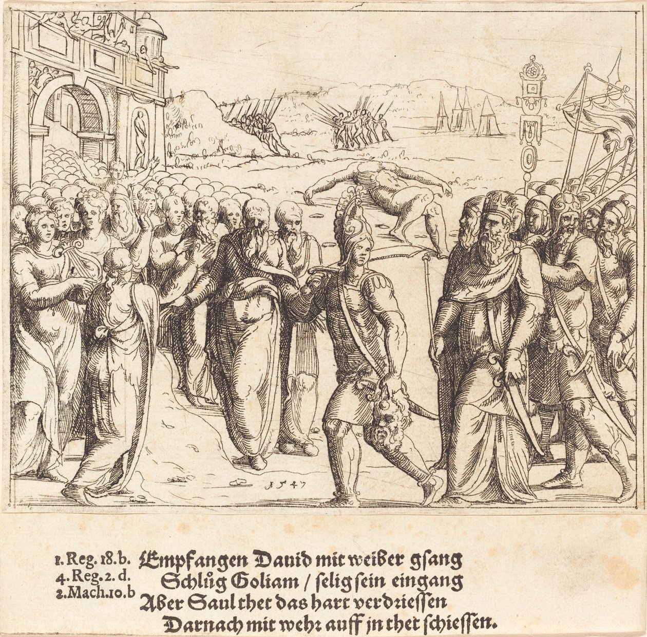 Dawid jest witany po zabiciu Goliata i zazdrości Saula, 1547. autorstwa Augustin Hirschvogel