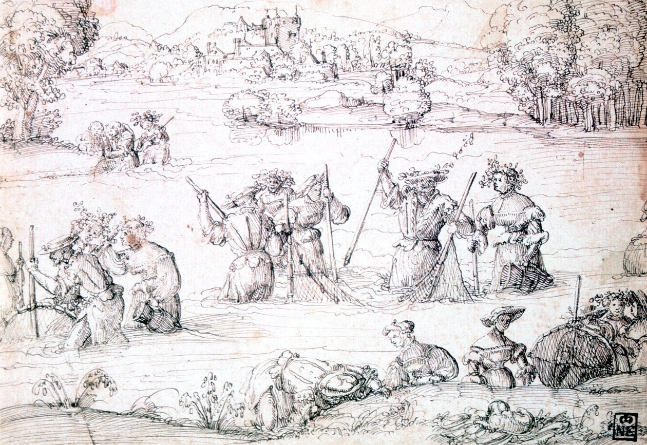 Łowienie ryb w deszczu, c1513-1553 autorstwa Augustin Hirschvogel