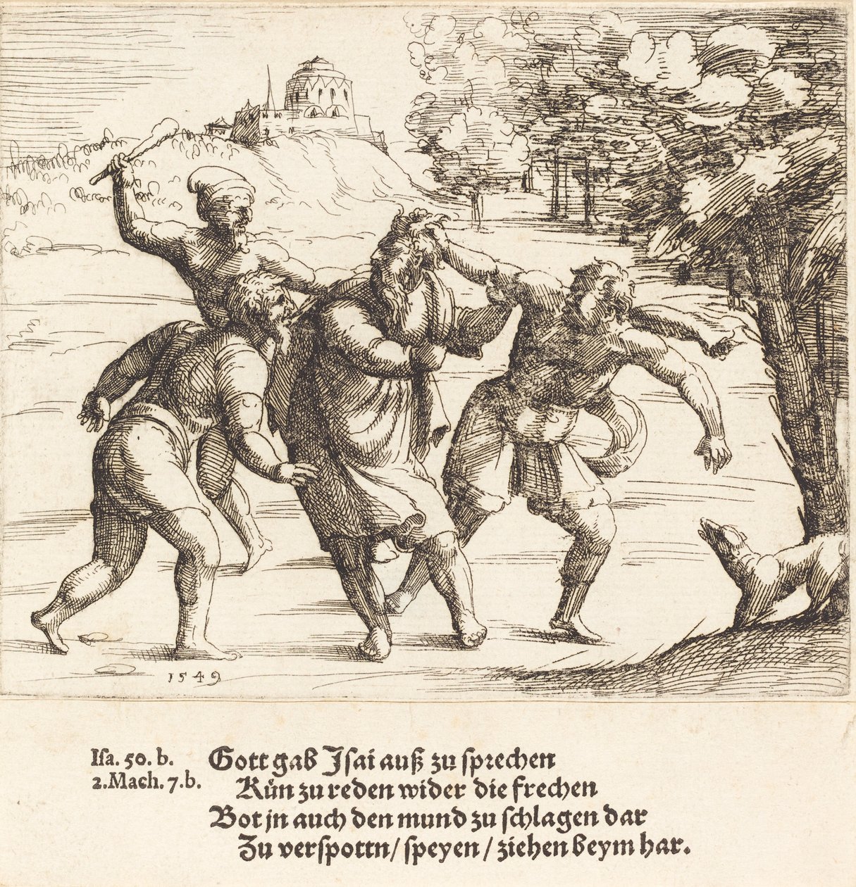 Izajasz akceptuje kpiny z powodu swojej wiary, 1549. autorstwa Augustin Hirschvogel