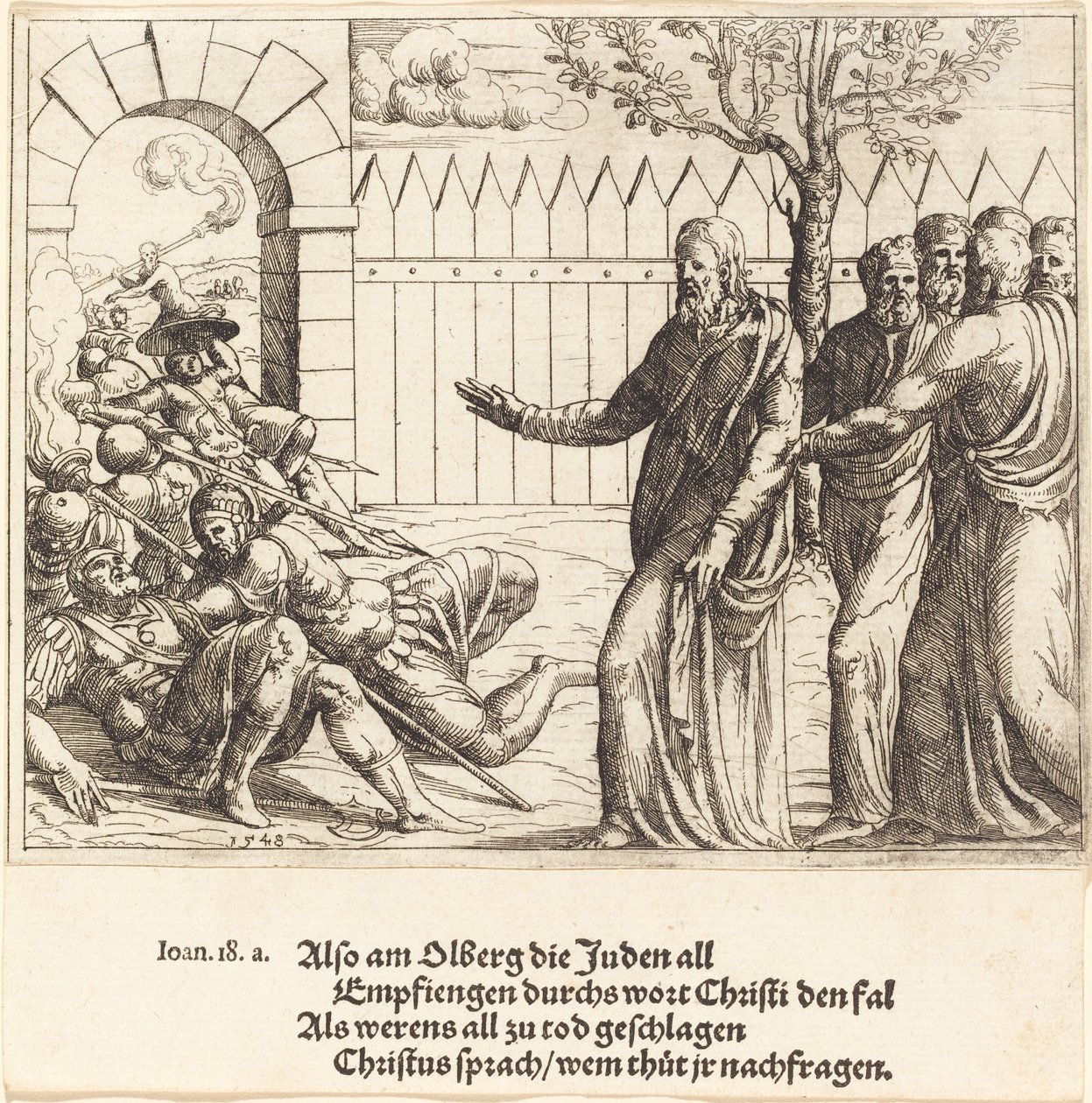 Jezus identyfikuje się przed aresztowaniem, 1548. autorstwa Augustin Hirschvogel