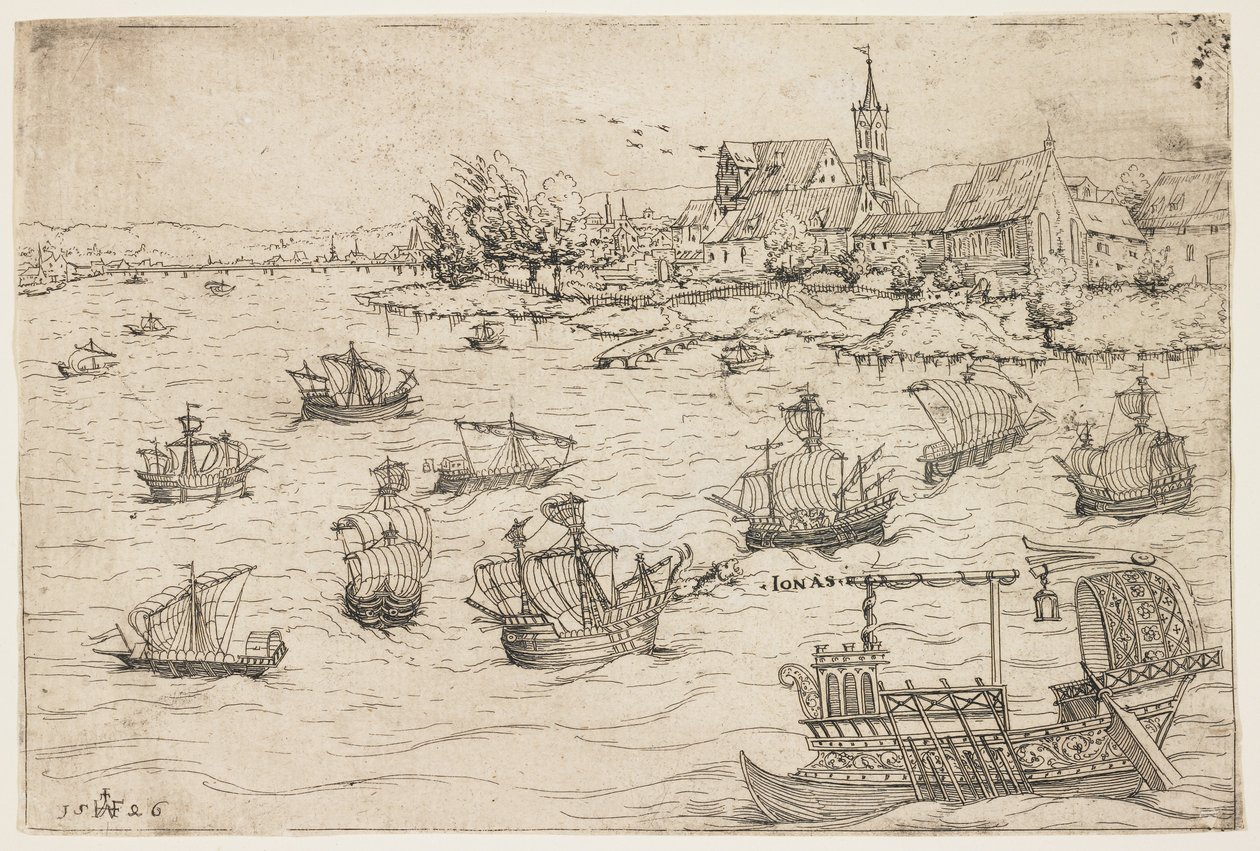 Jonasz i wieloryb na jeziorze z żaglowcami, 1546 autorstwa Augustin Hirschvogel
