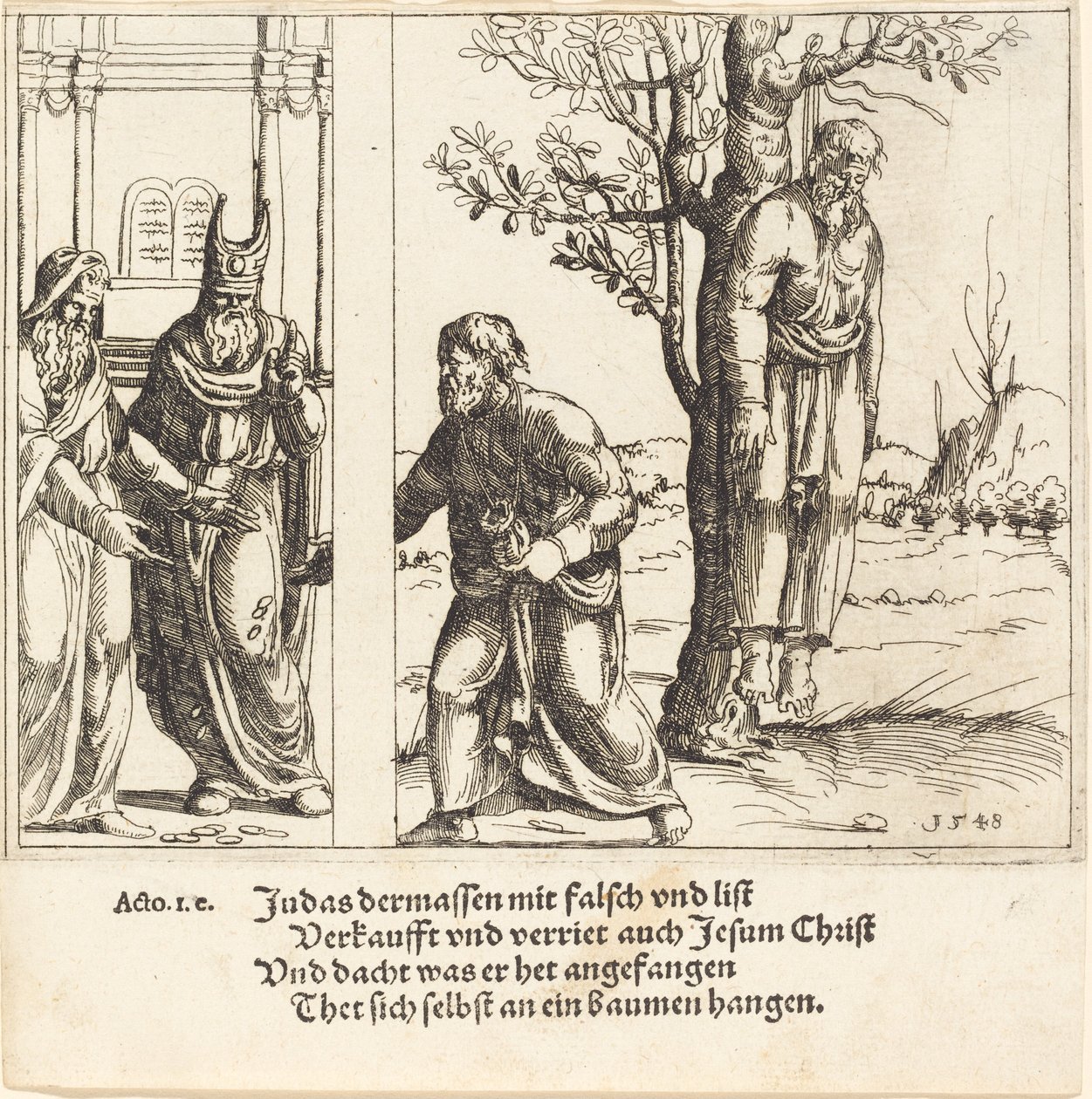 Judasz zwraca trzydzieści srebrników, 1548. autorstwa Augustin Hirschvogel