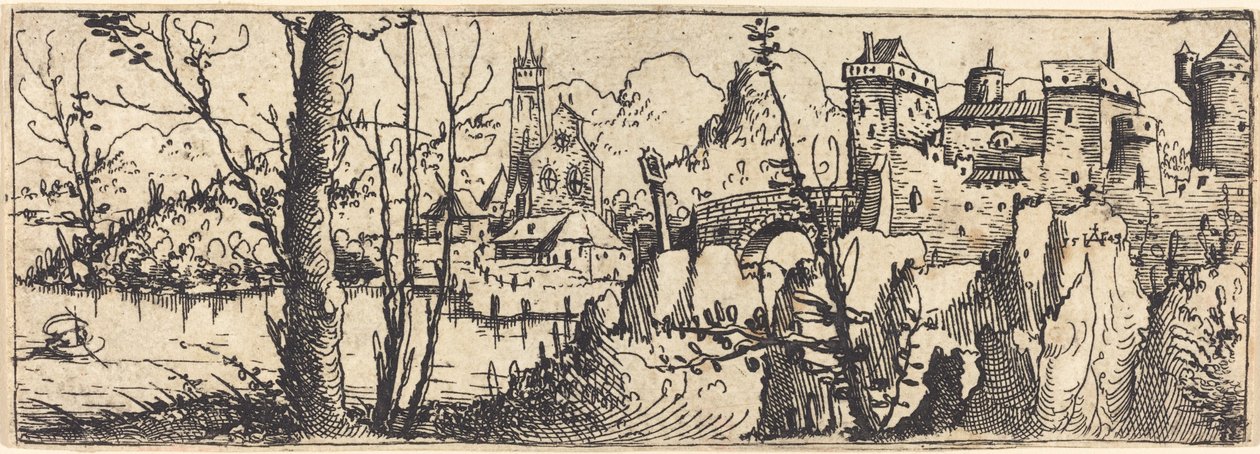 Krajobraz z zamkiem po prawej, otoczony skałami, 1546. autorstwa Augustin Hirschvogel