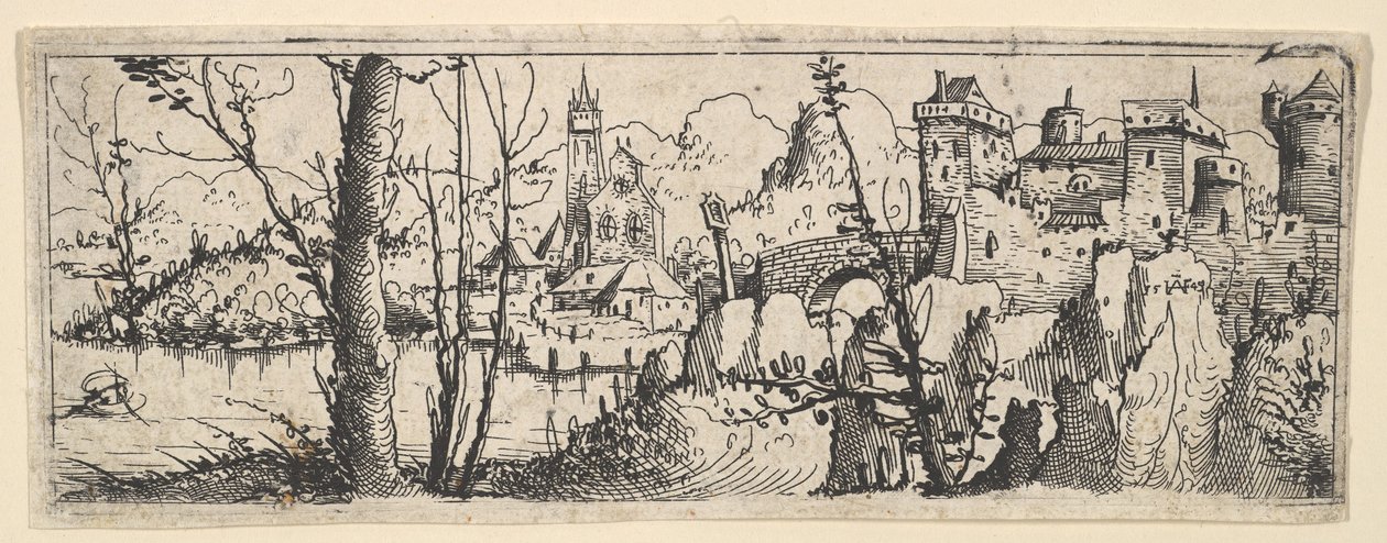 Krajobraz z fortem i kościołem nad rzeką, 1545. autorstwa Augustin Hirschvogel