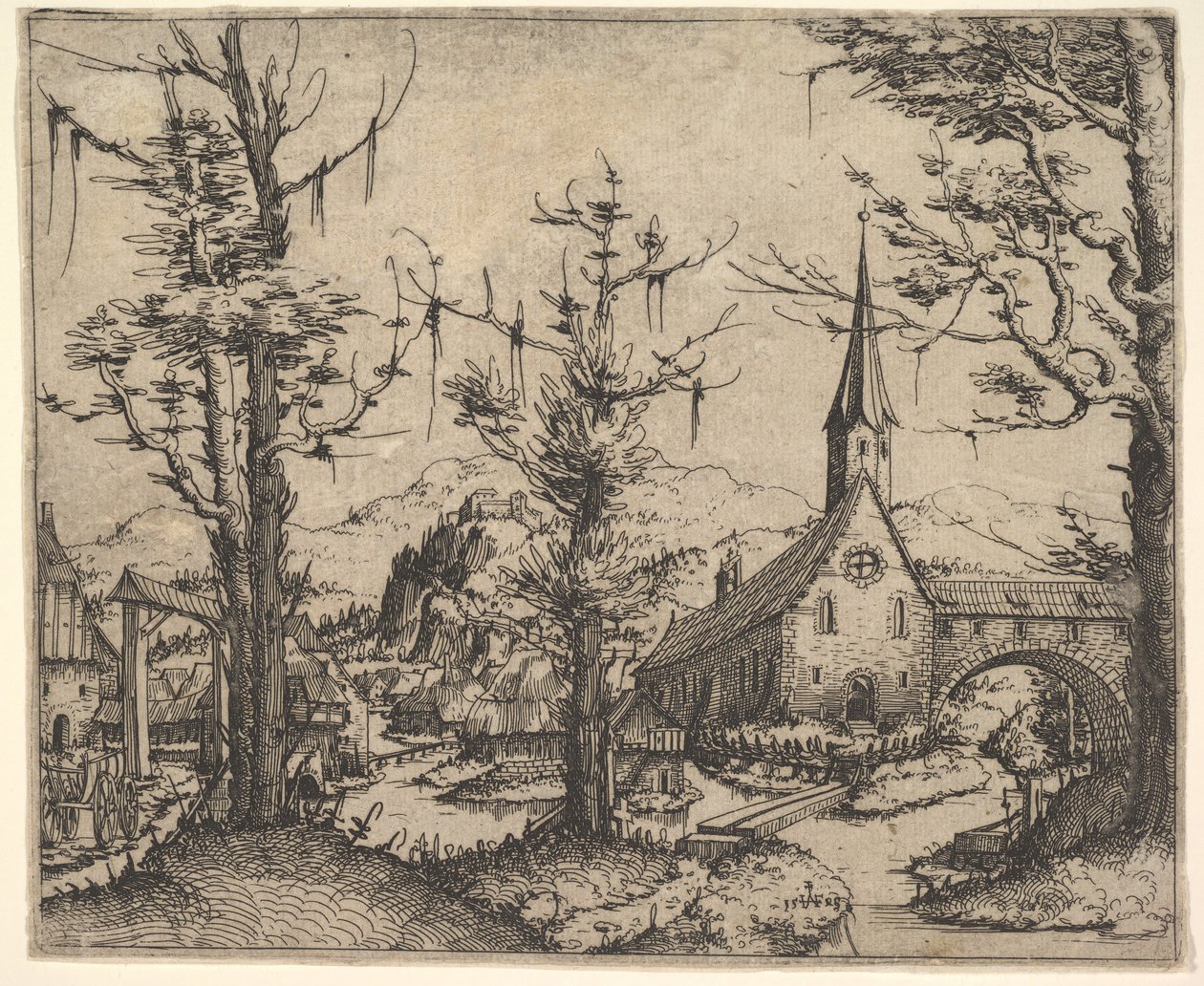 Krajobraz z czterema drzewami i kościołem po prawej, 1545 . autorstwa Augustin Hirschvogel