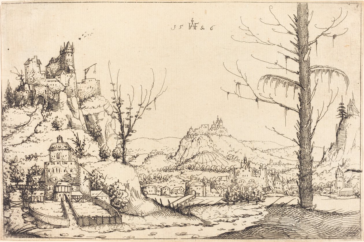 Krajobraz z wysokimi klifami, rzeką i miastem, 1546. autorstwa Augustin Hirschvogel
