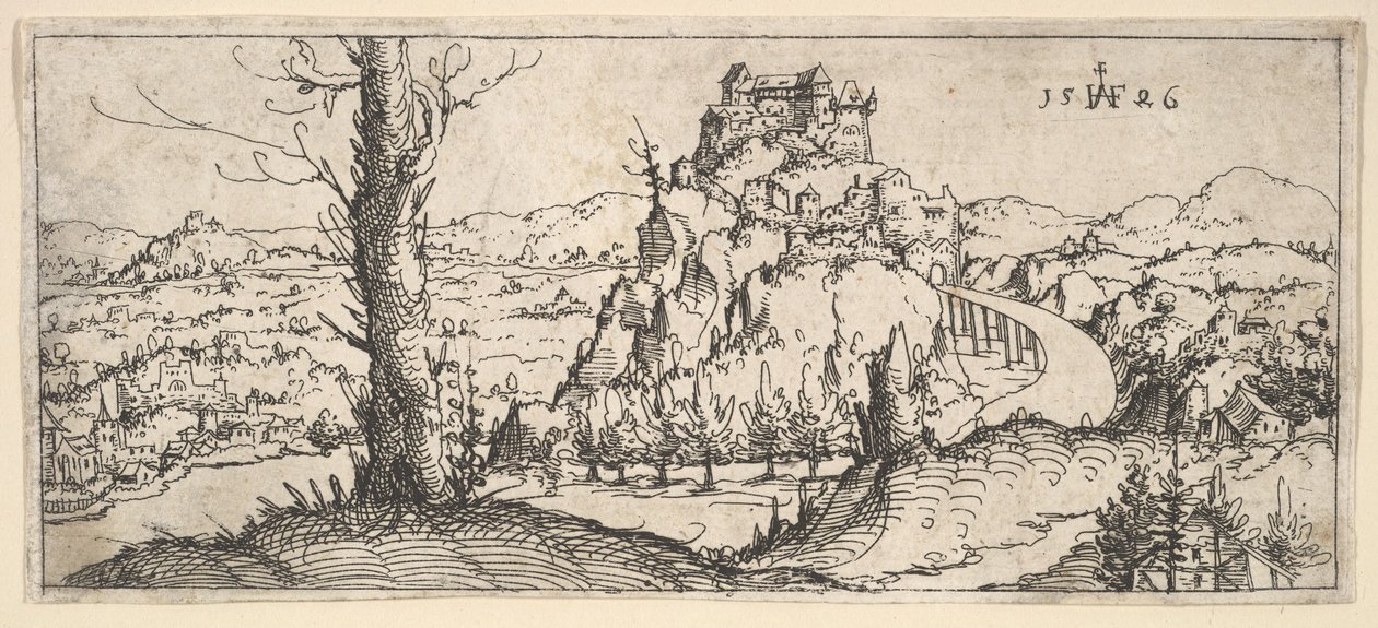 Krajobraz z wysokimi skałami i fortecami, 1546. autorstwa Augustin Hirschvogel