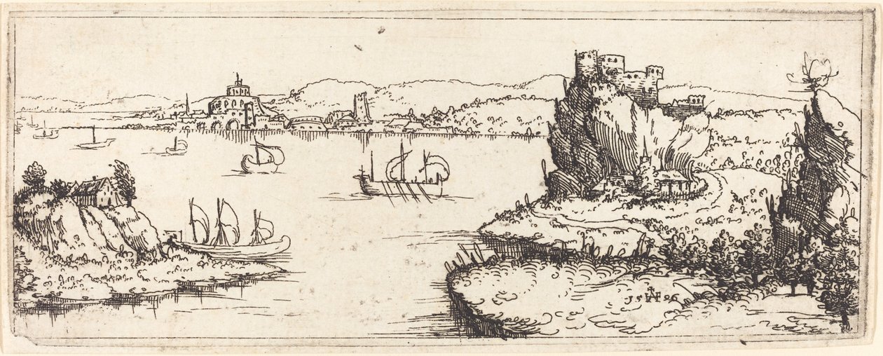 Krajobraz z żaglówkami, 1546. autorstwa Augustin Hirschvogel
