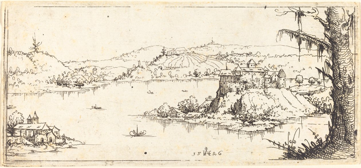 Krajobraz z dużym jeziorem w centrum, 1546. autorstwa Augustin Hirschvogel